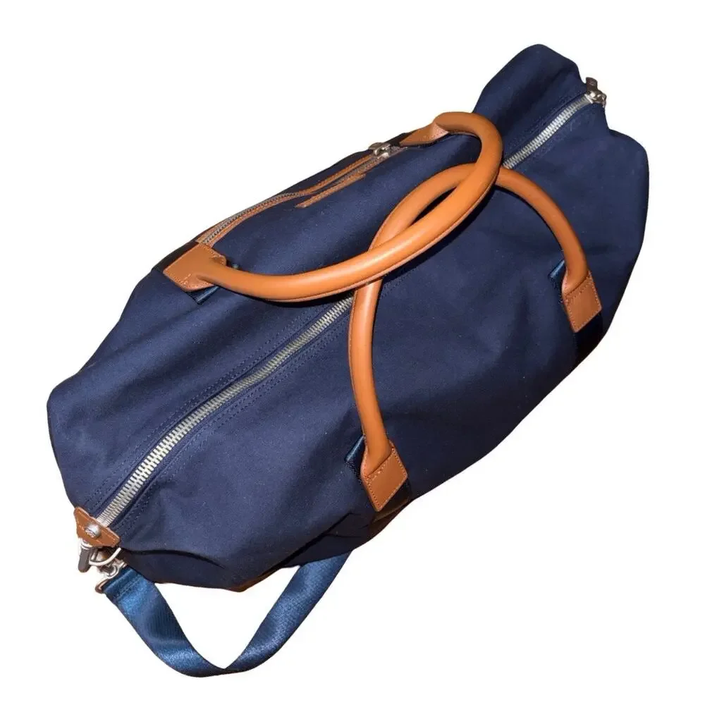 Brooks Brothers Navy Blue Canvas Brown Leather Trim Weekender Duffle Bag